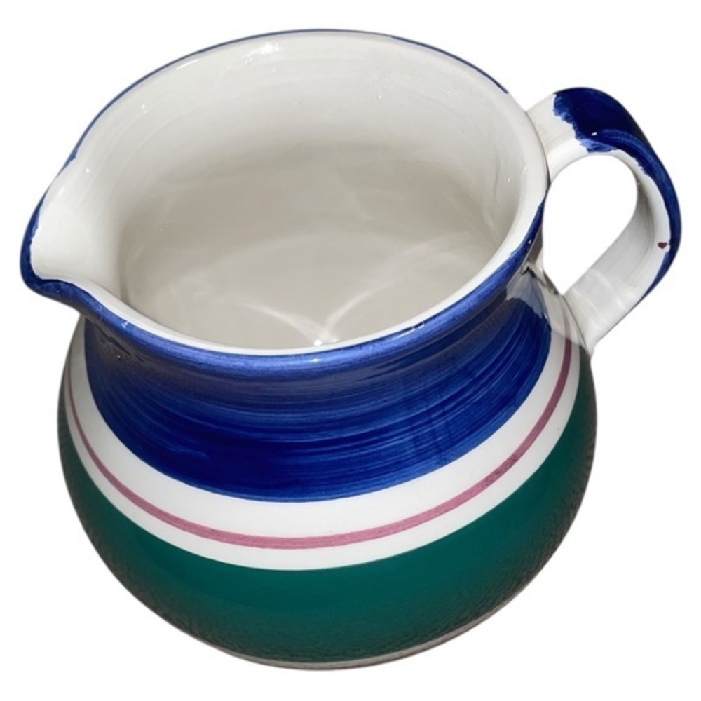 Furio Striped Art Pottery Pitcher Vintage Italy Blue Green Decor Cottage